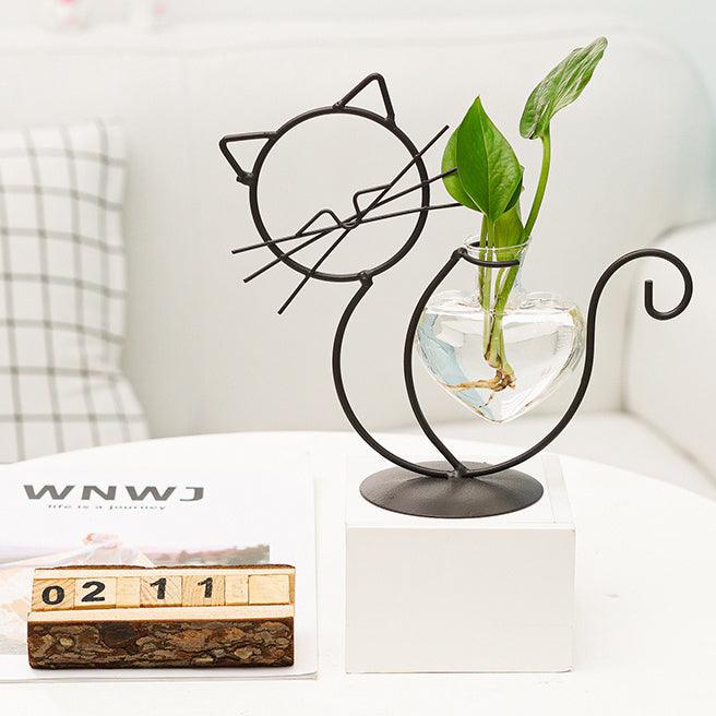 Iron Kitty Chat avec vase en forme de cœur en verre pour station de propagation et jardinières