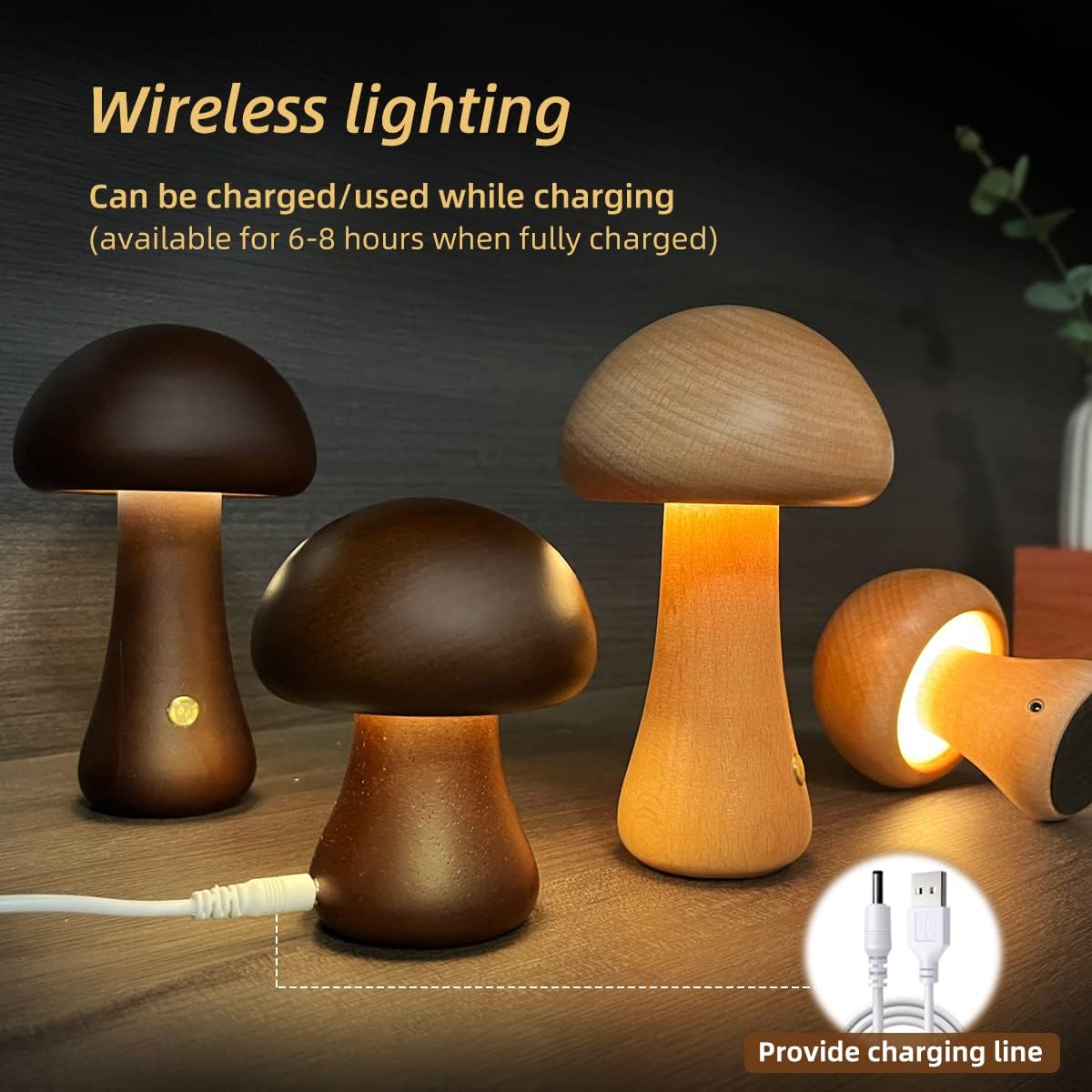 LUMONUIT | Veilleuse LED champignon en bois avec interrupteur tactile | Éclairage d'ambiance | Lampe adaptée aux enfants