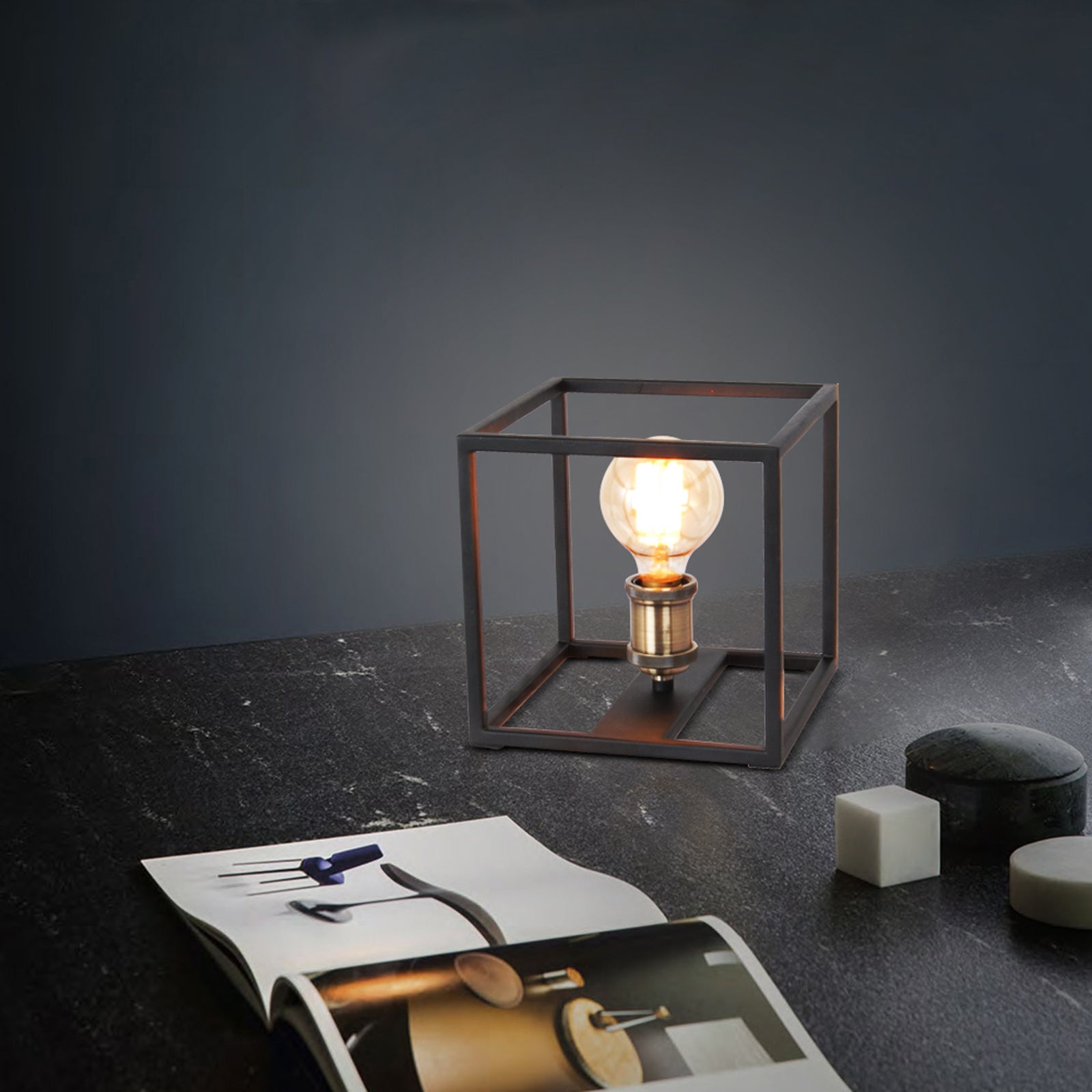 Black Modern Table Lamp with Iron Frame Square Shade