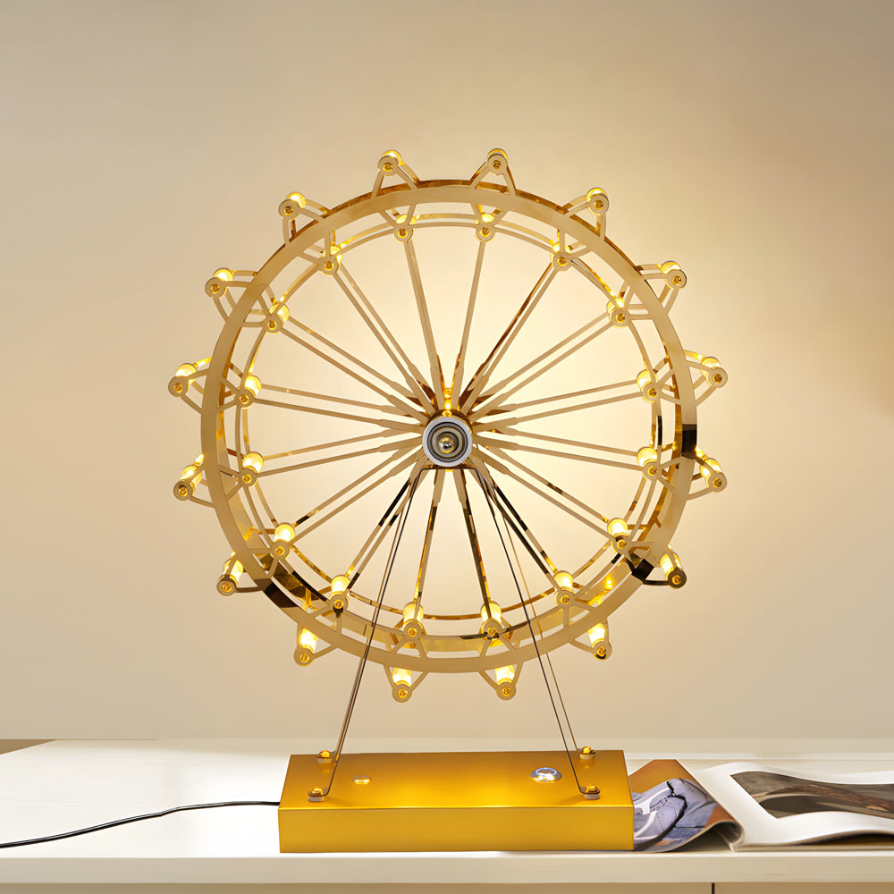 LumiFerris - Lampe de table en fer doré avec grande roue, LED intégrée et interrupteur tactile