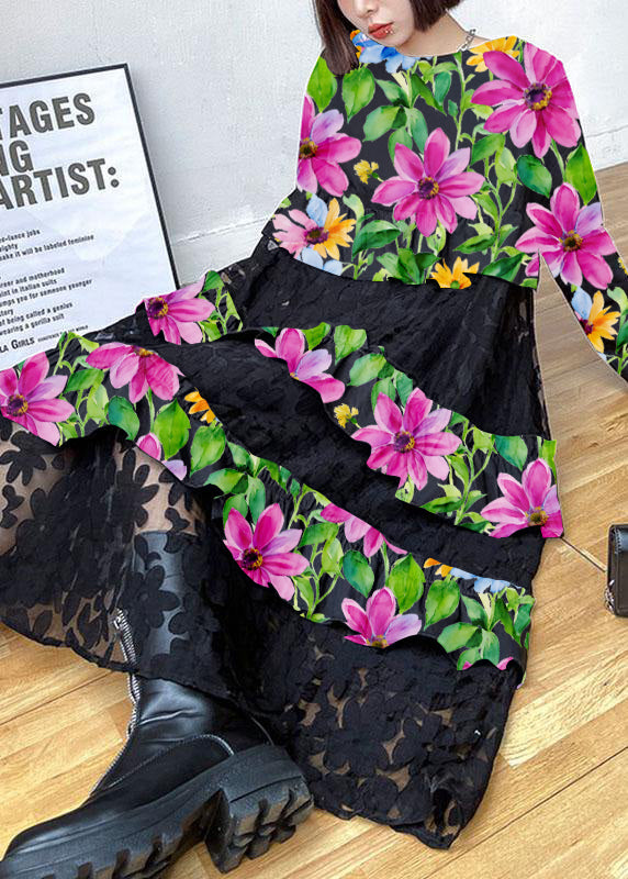 Vestidos de encaje de otoño con volantes negros bohemios