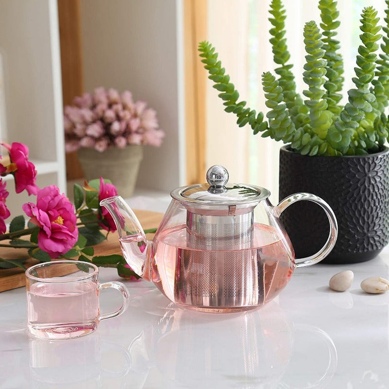 Theepot van borosilicaatglas met roestvrijstalen zetgroep