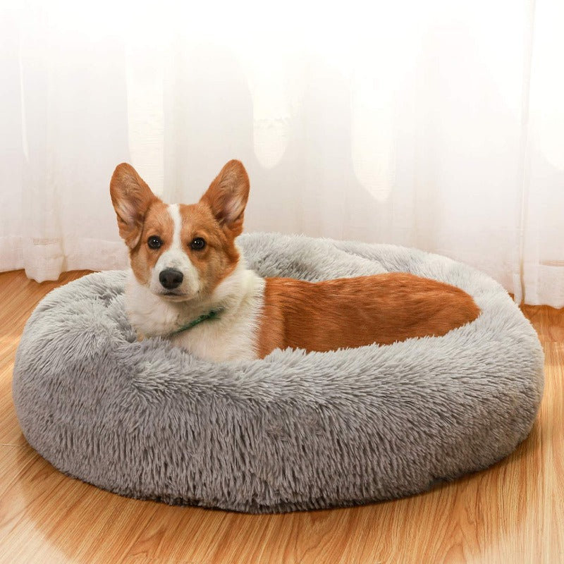 Lit rond en peluche pour chien en forme de beignet apaisant pour petits et grands chiens