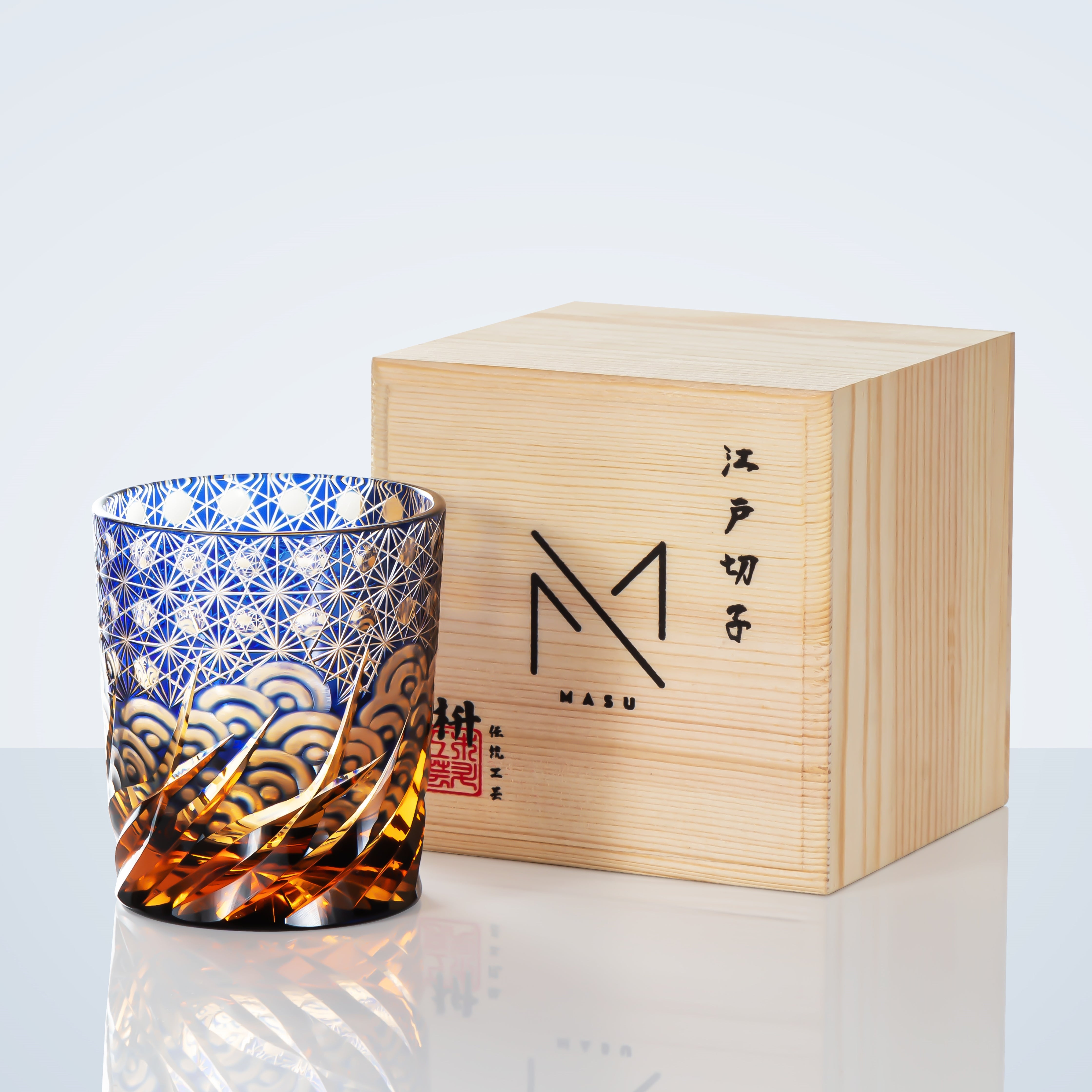 Edo Kiriko Handcrafted Blue Amber Whisky Glass With Wooden Box