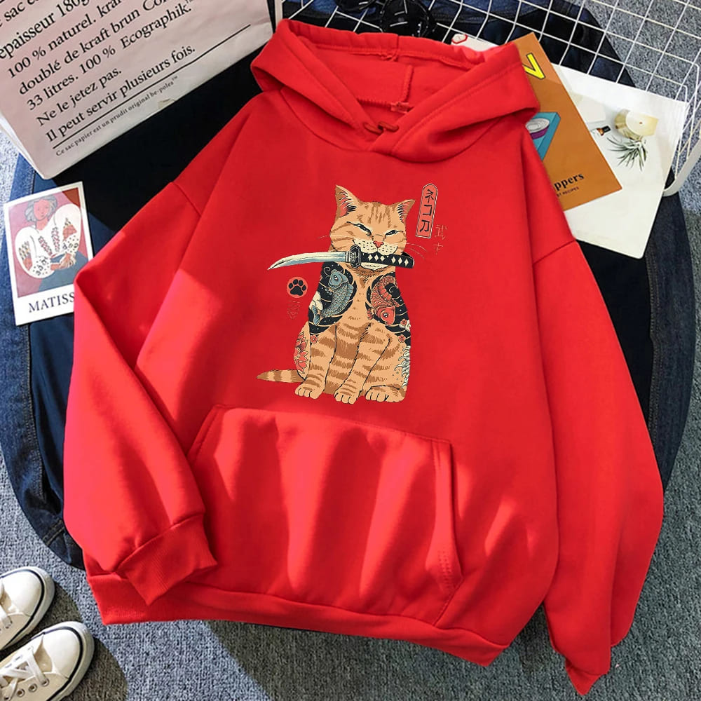 Sudadera con capucha y gato naranja con katana samurái