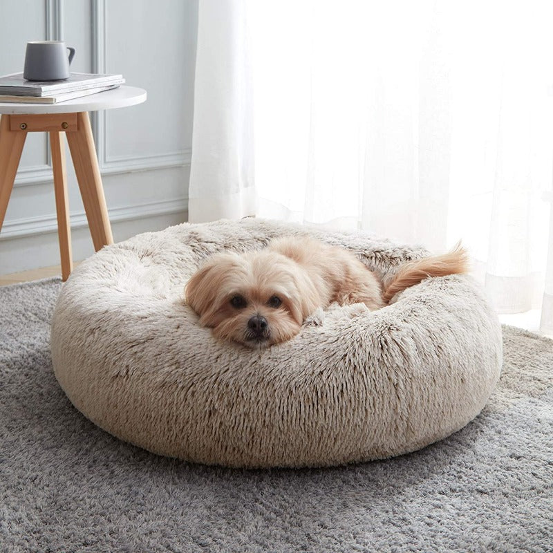 Lit rond en peluche pour chien en forme de beignet apaisant pour petits et grands chiens