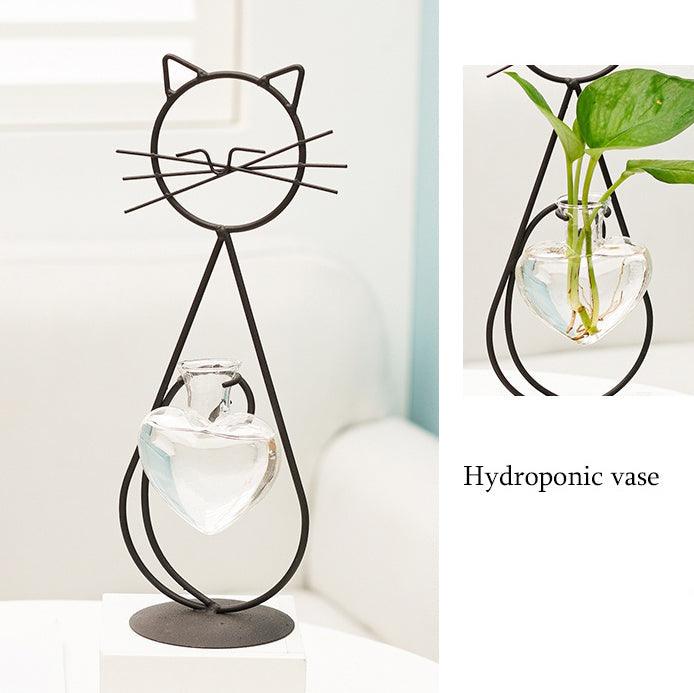 Iron Kitty Chat avec vase en forme de cœur en verre pour station de propagation et jardinières