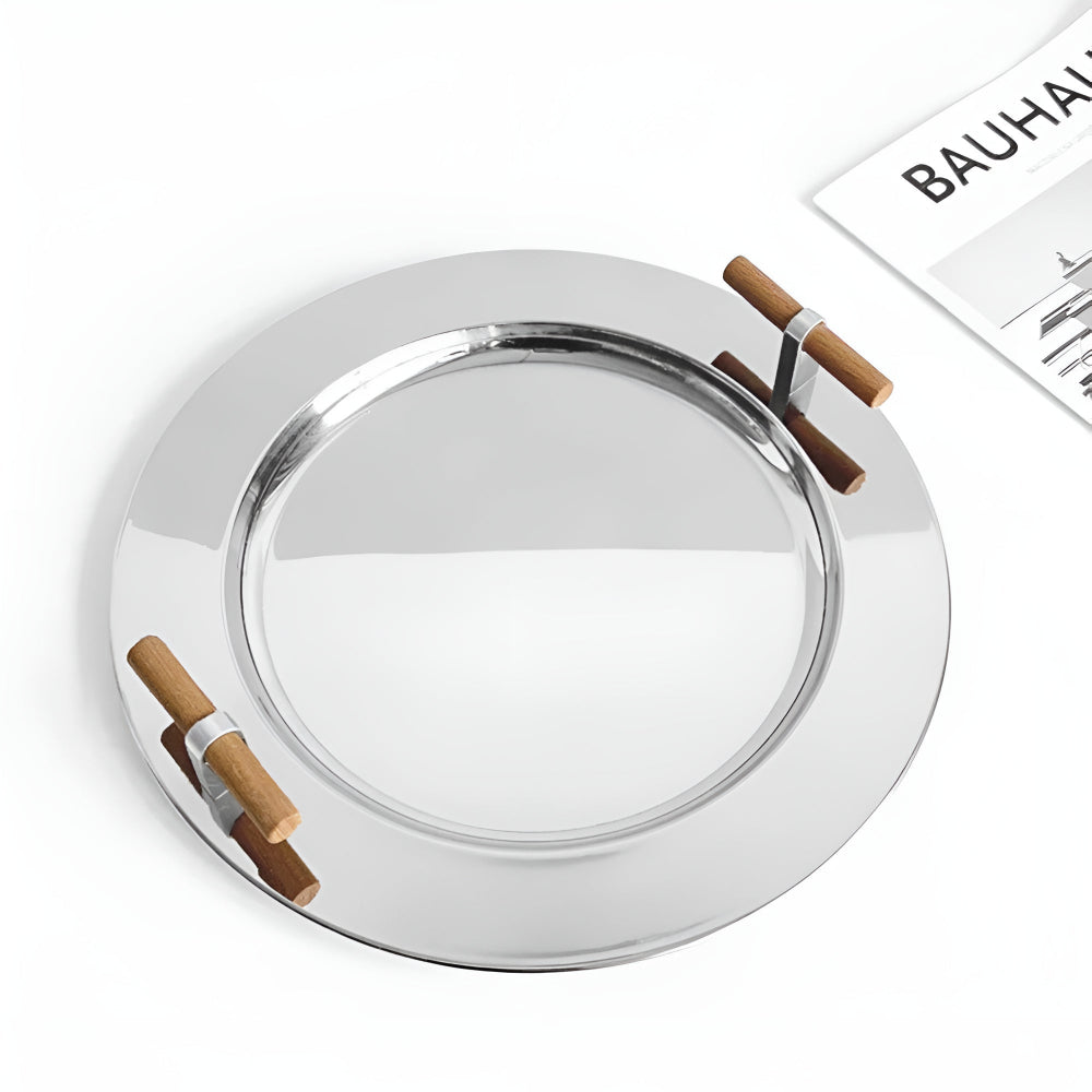 Elegant Stainless Steel Round Tray with Wooden Handles