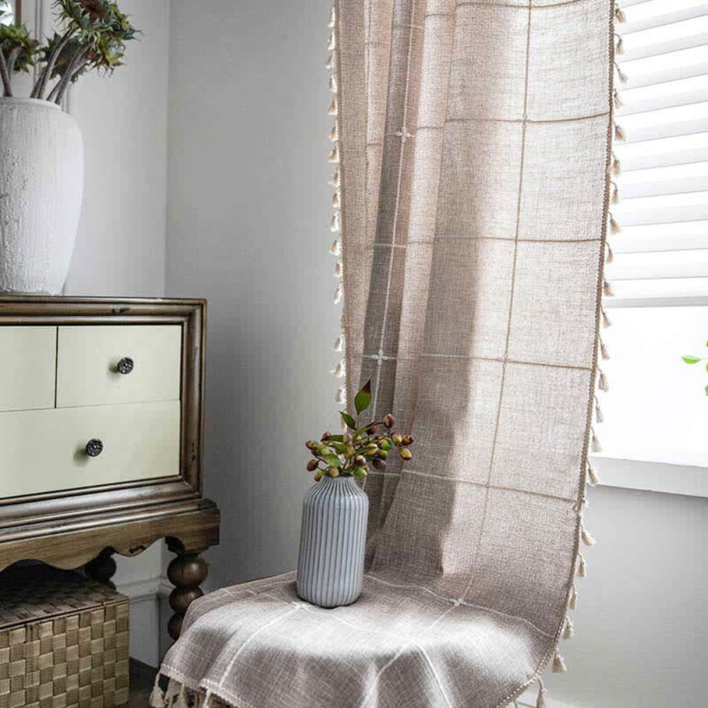 Tassel Plaid Curtain Semi Blackout Drapes