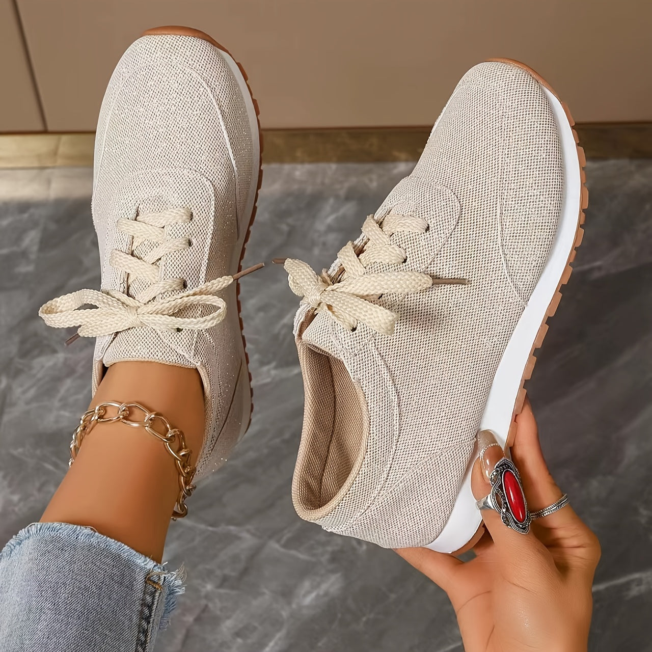 Beige linnenlook sneakers - Dames Nora