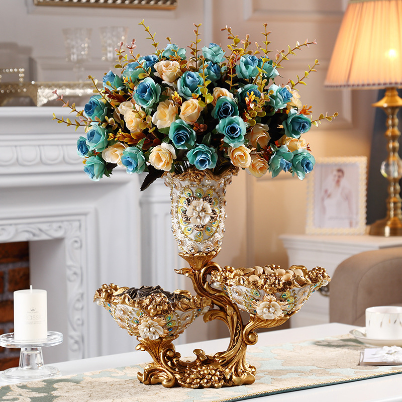 Assiette de corbeille de fruits dorée et blanche avec vase, décor de plateau de collation en résine