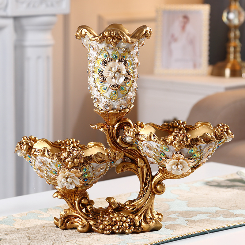 Assiette de corbeille de fruits dorée et blanche avec vase, décor de plateau de collation en résine