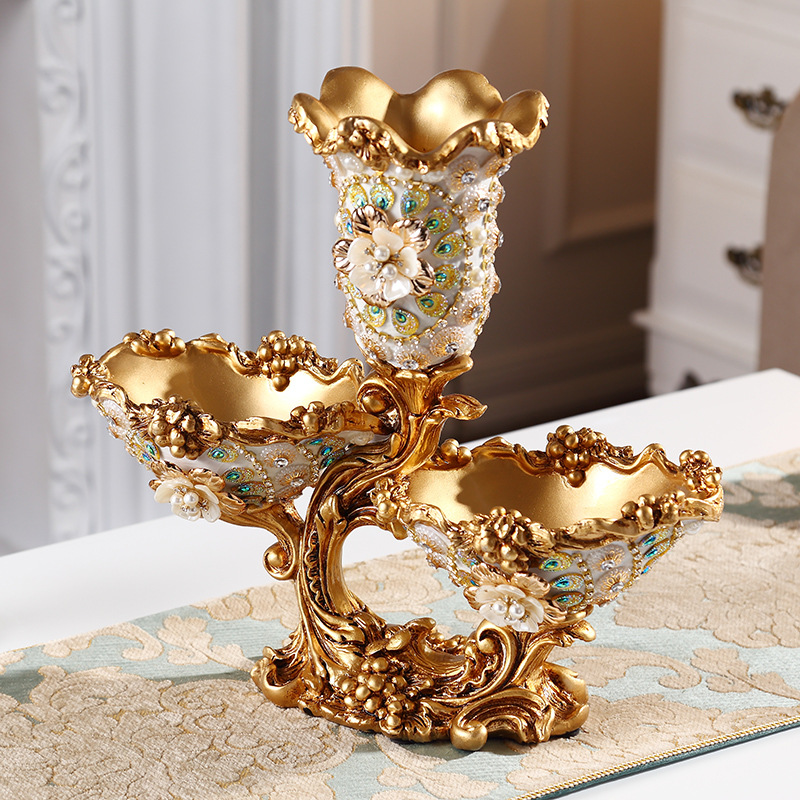 Assiette de corbeille de fruits dorée et blanche avec vase, décor de plateau de collation en résine