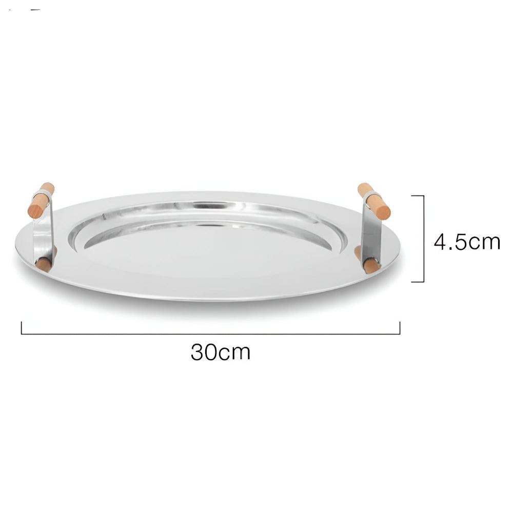 Plateau rond en acier inoxydable élégant avec poignées en bois
