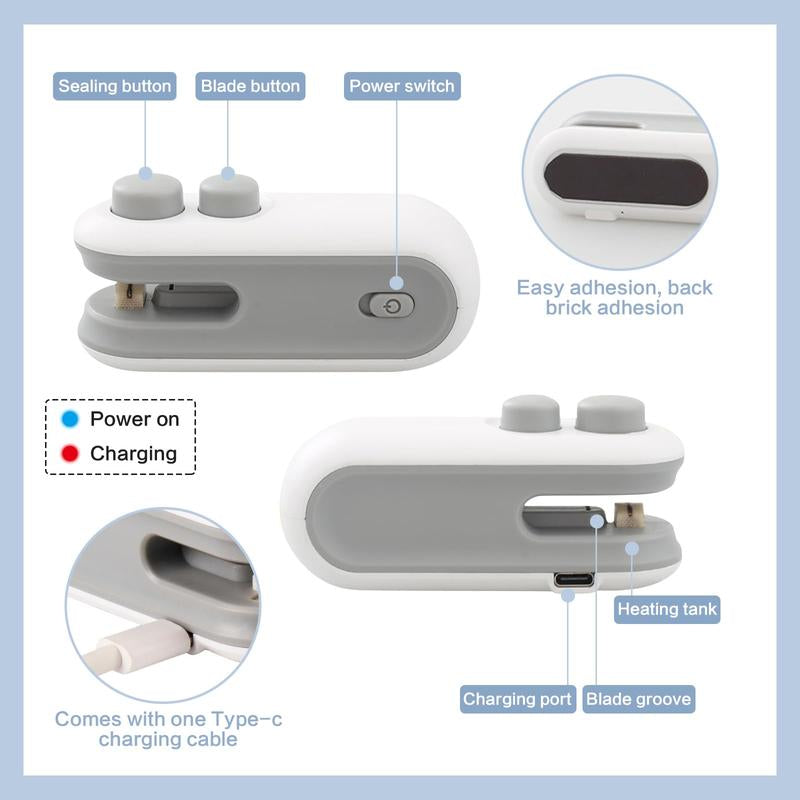 Bärbar minipåsförsegling, 1 Count USB-C uppladdningsbar påsförsegling, 2 i 1 påsförslutare, minipåsåterförslutningsmaskin för plastpåsar Snackpåsar