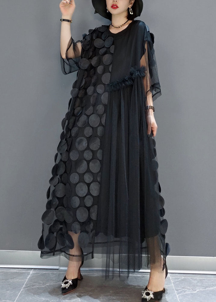 Robes de soirée en tulle noir col rond asymétrique demi-manche