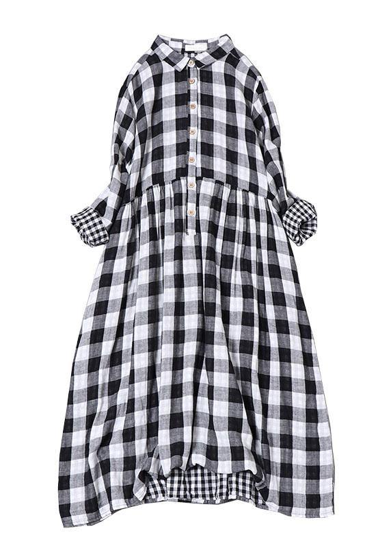 Bohème noir blanc Plaid col claudine poches bouton automne Patchwork robes