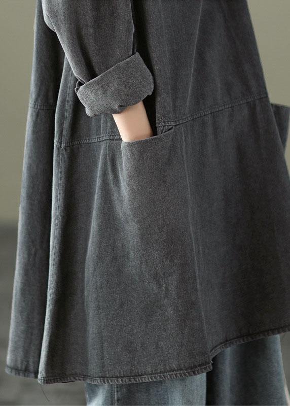 Boho Black Grey O-Neck Pockets Denim Long Dresses Long Sleeve