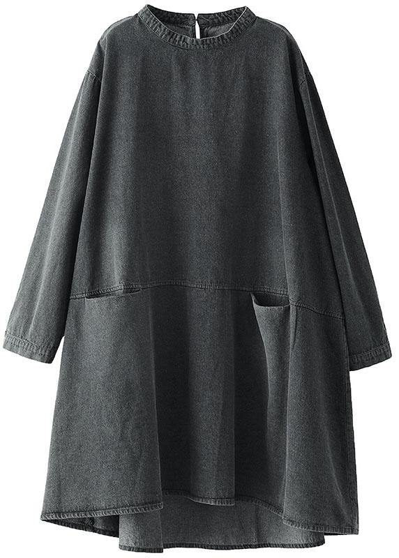 Boho noir gris col rond poches Denim robes longues à manches longues