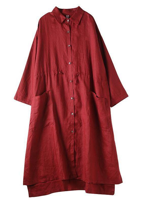 Vestido camisero de lino rojo Vestidos largos informales de gran tamaño para primavera