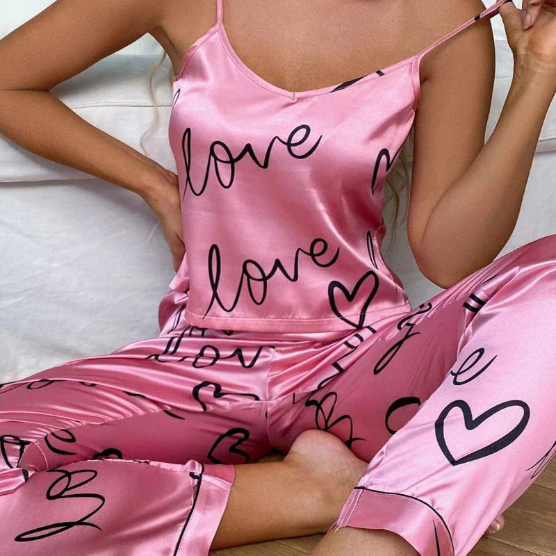 Roze liefde satijnen pyjamaset voor dames