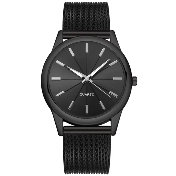 Montre minimaliste All Black pour hommes et femmes – Boîtier noir avec bracelet en maille d'acier inoxydable