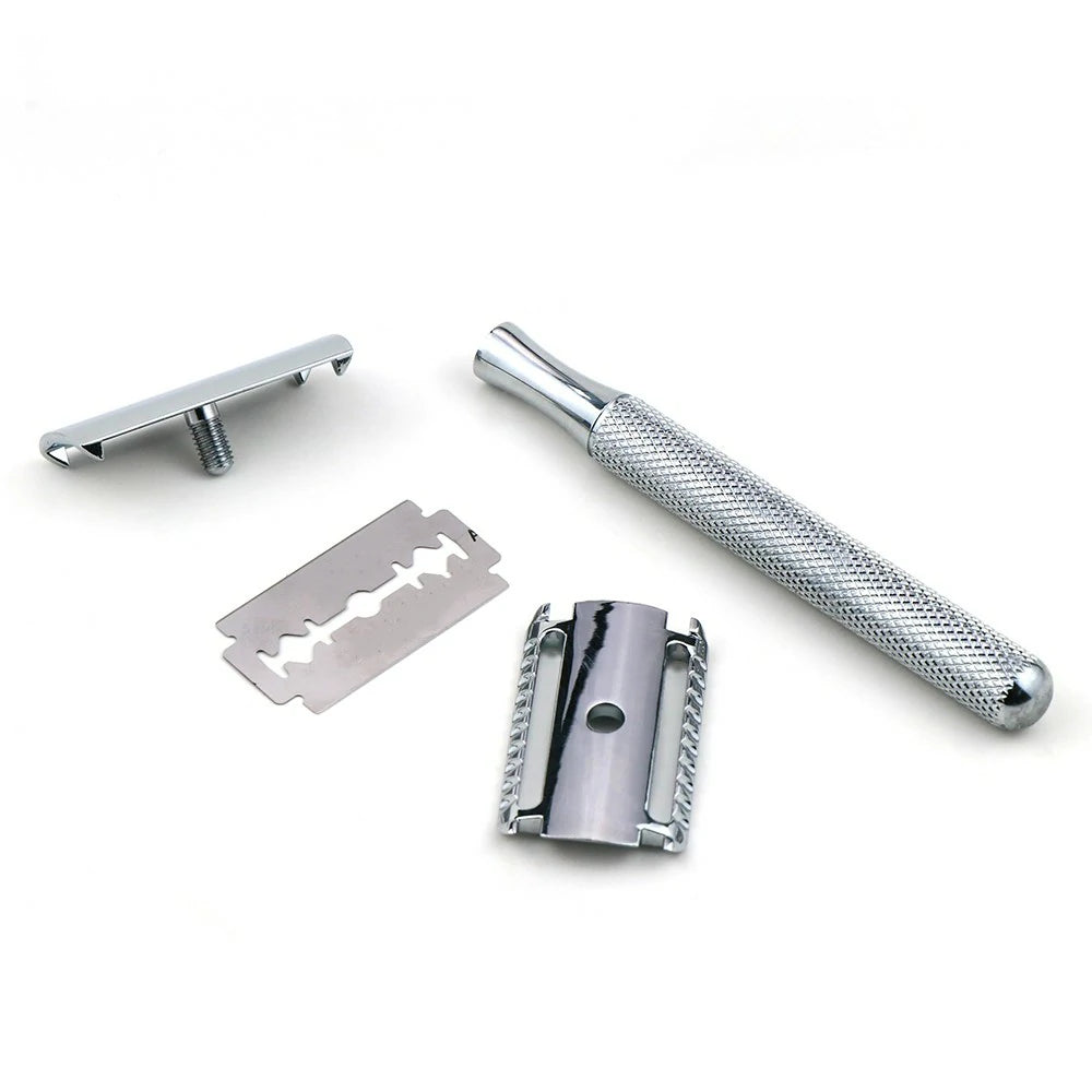 Razor in Brass: with 5 platinum-coated stainless steel double edged razor blades