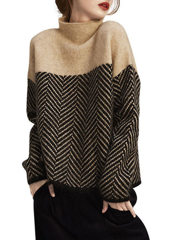 Mote Khaki Turtle Neck Patchwork Strikket Pullover Vinter