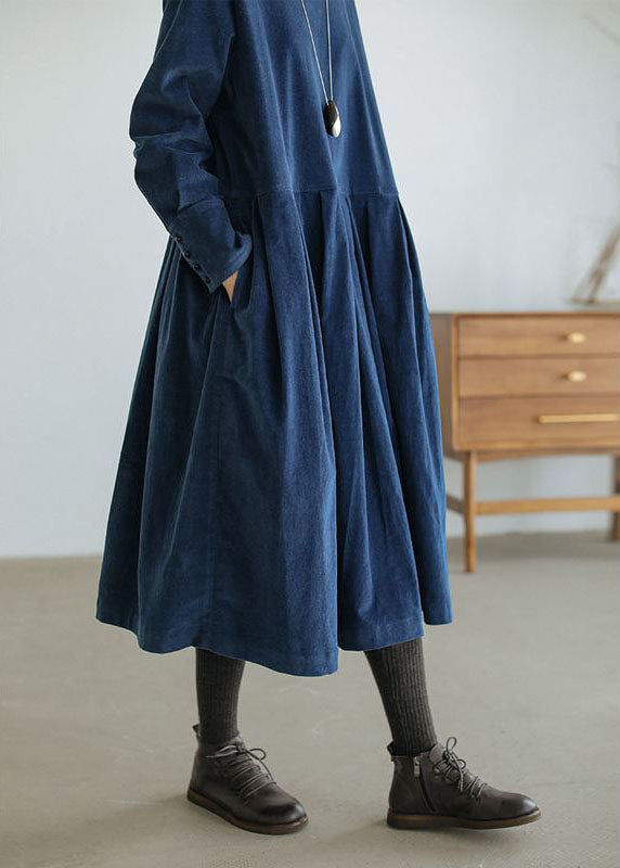 Robe en velours côtelé bleu français, grande taille, poches, boutons, patchwork, robes d'automne