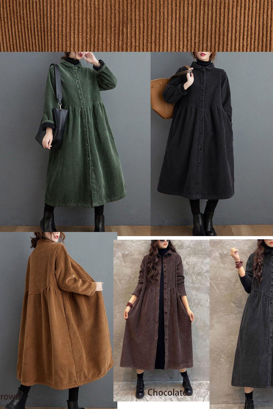 Cappotti francesi in velluto a coste verde nerastro Ispirazione cappotti da donna Cinched spessi (disponibilità limitata)