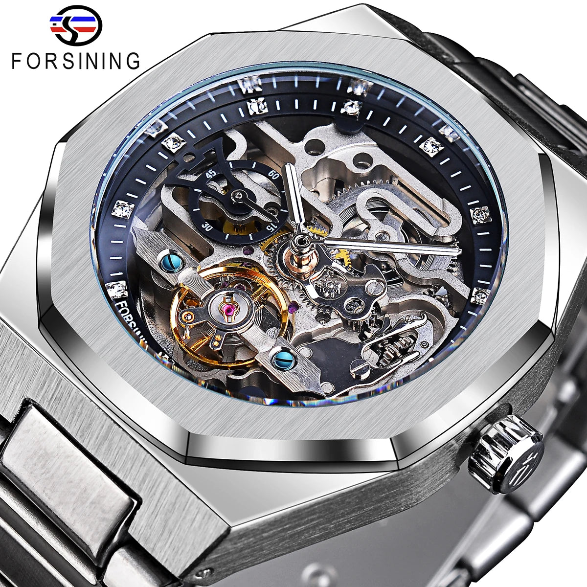 Forsining Casual Automaattikello 3D Diamond Skeleton Ontto Miesten Rannekellot Valovoimaiset Military Kellot Tourbillon Montre Homme