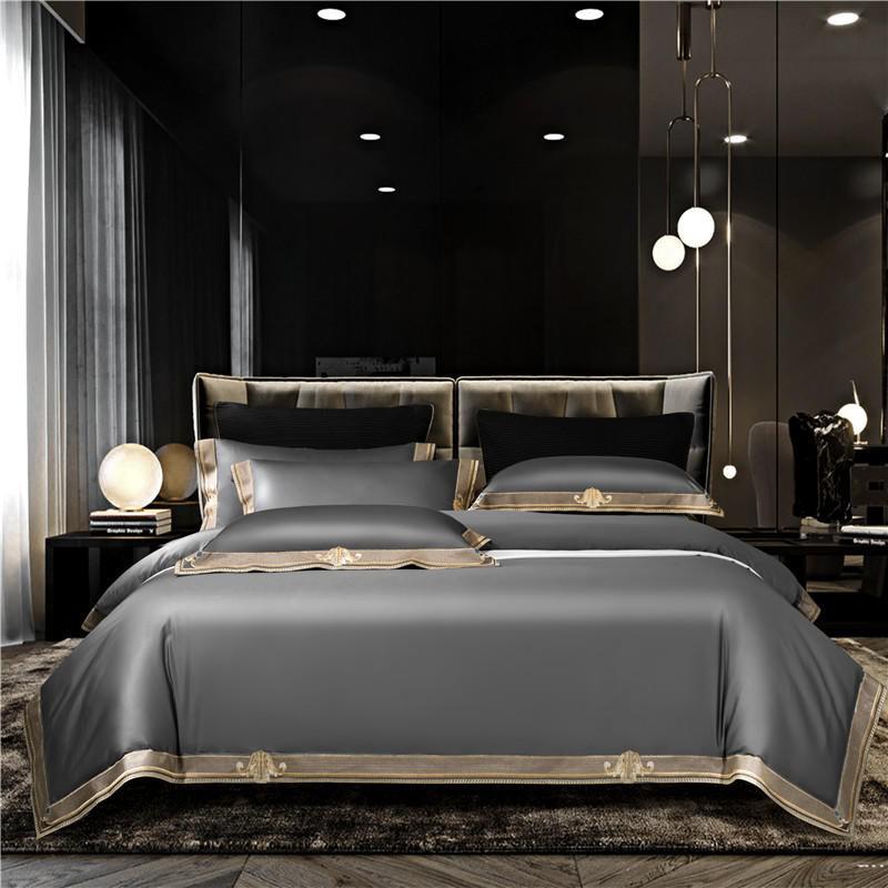 Set biancheria da letto in cotone egiziano con bordo ricamato grigio Anahi