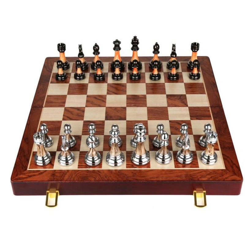 Jeu d'échecs en métal de luxe avec grande planche en bois de 45 cm