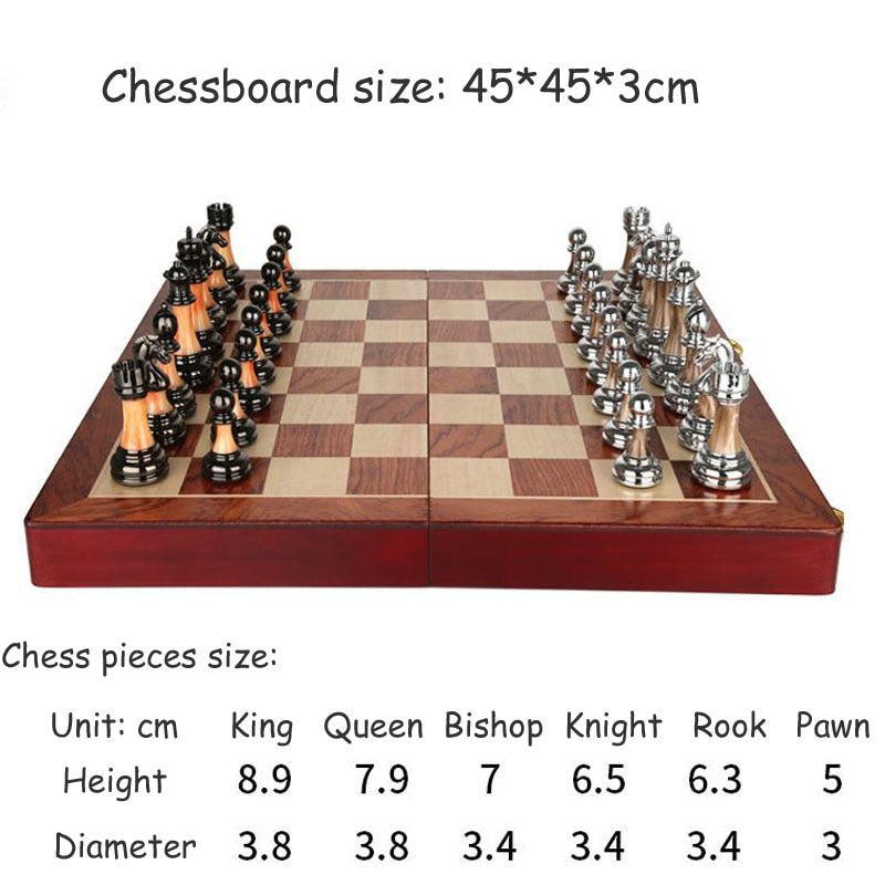 Jeu d'échecs en métal de luxe avec grande planche en bois de 45 cm