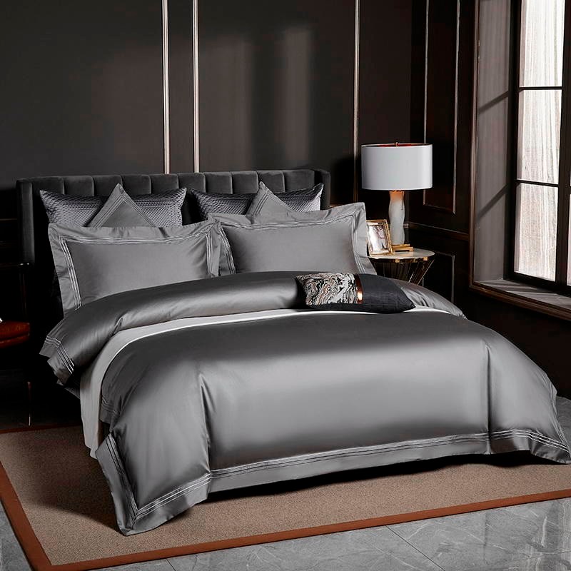 Set biancheria da letto in cotone egiziano con bordo ricamato grigio Leila