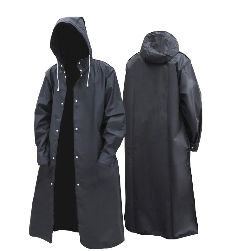 Manteau imperméable long noir d'automne - Veste épaisse à capuche pour l'extérieur