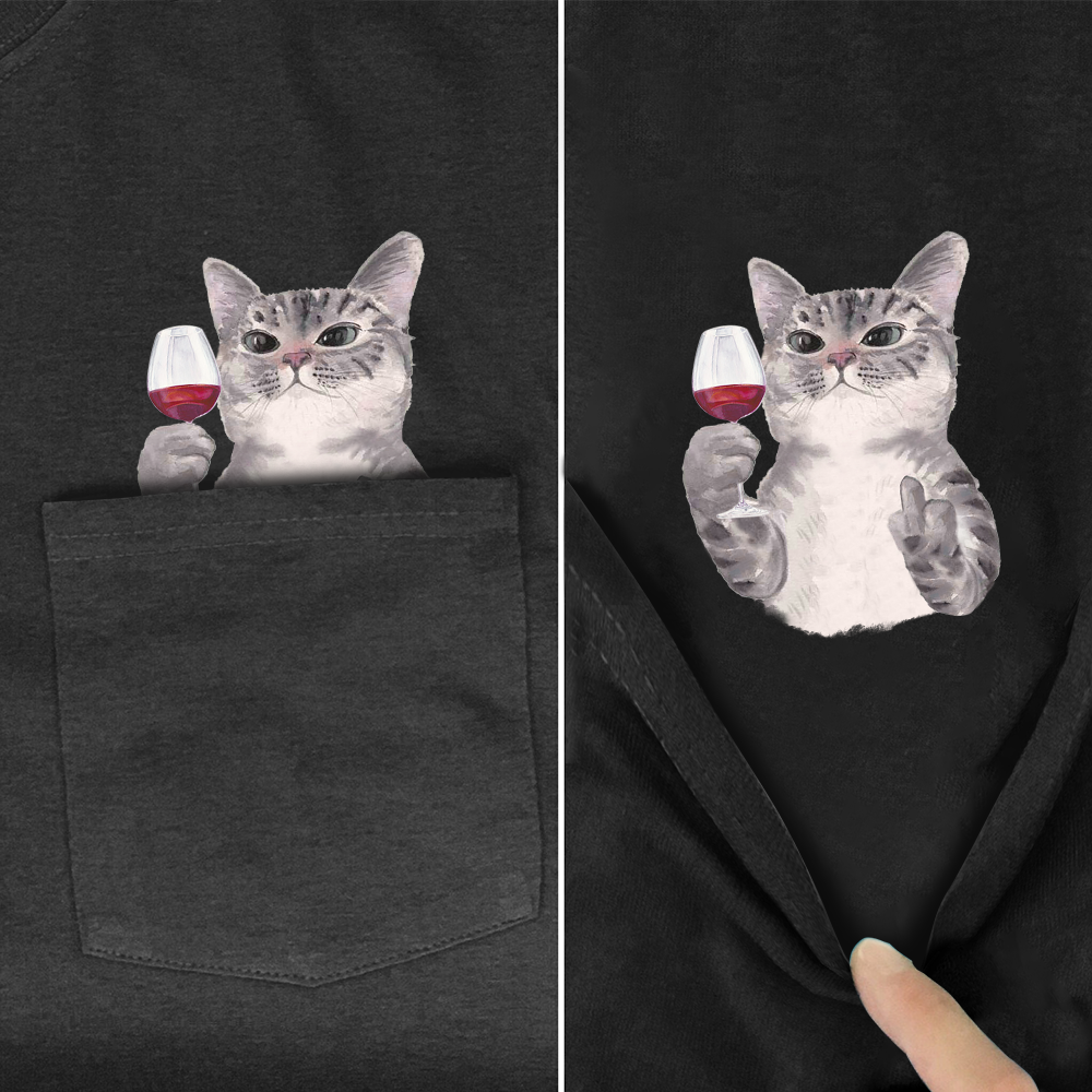 Camiseta con vino de bolsillo y gato sorpresa