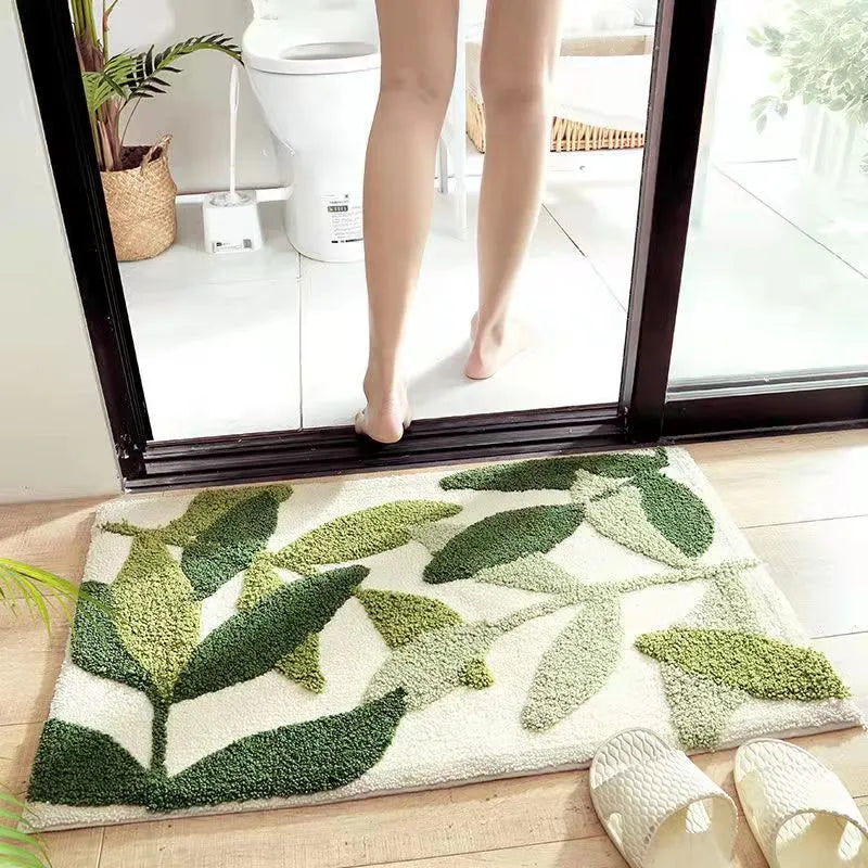 Green Leaves Flocking Bath Mat – Non-Slip, Absorbent Microfibre Bathroom Rug