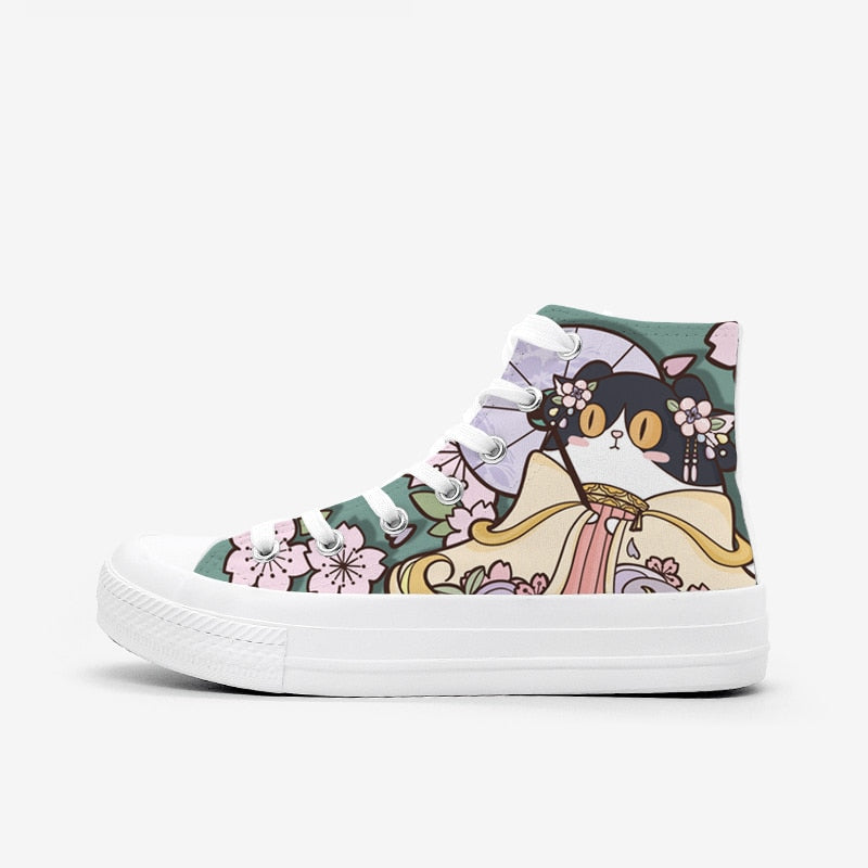 Zapatillas deportivas con diseño de gato y flores retro