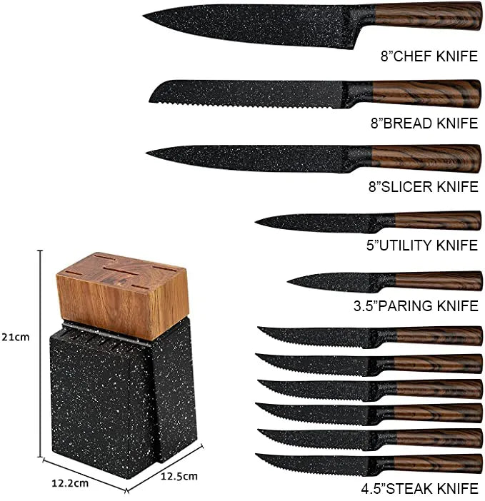 12-Piece German Steel Kitchen Knife Set with Japanese Wooden Handle & Block