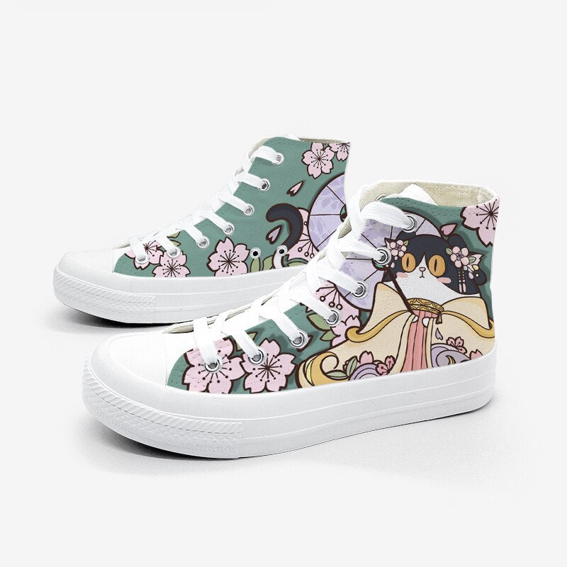 Retro Bloemen Katten Sneakers