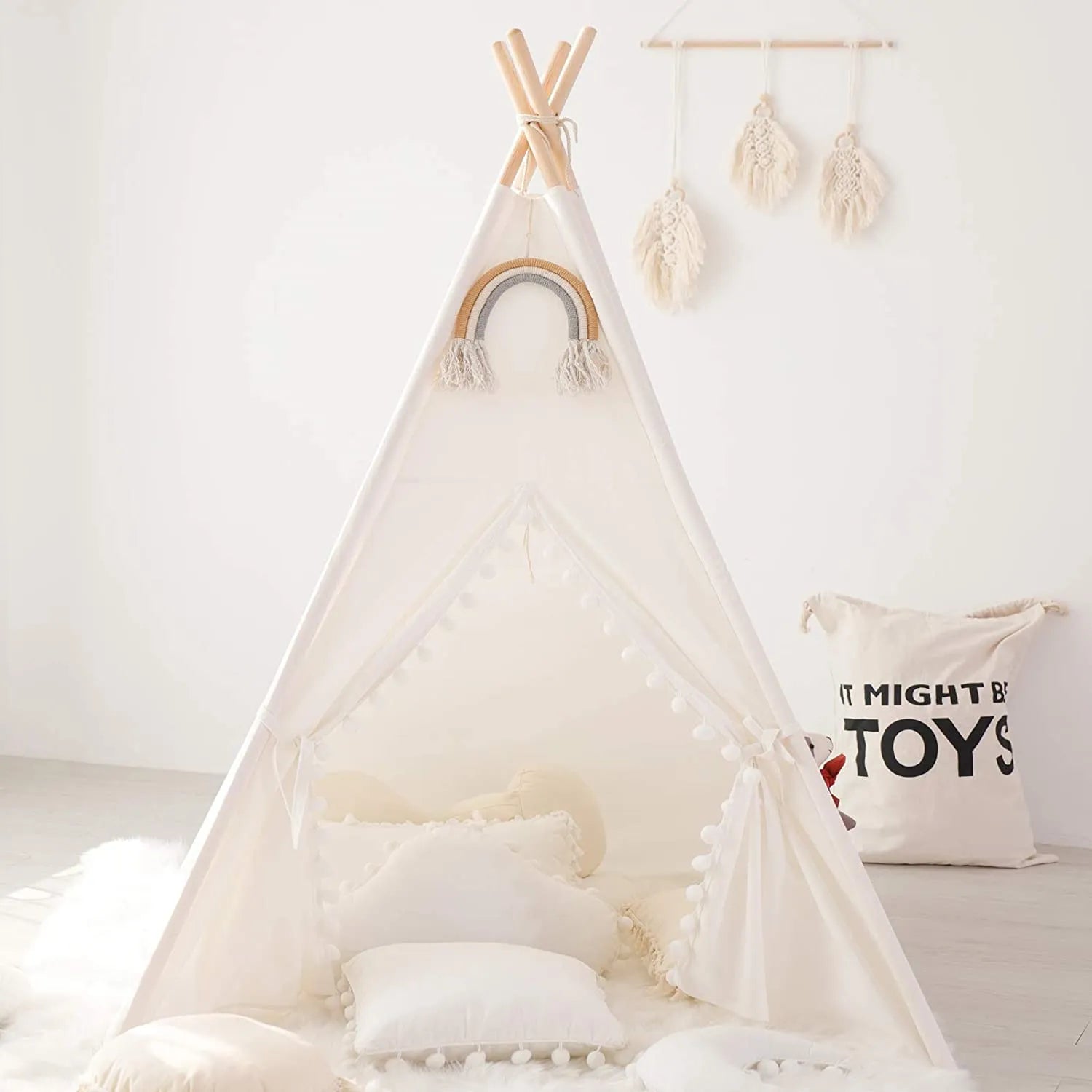 Tente de jeu Tipi intérieure et extérieure pour enfants – Blanc, bleu, rose et jaune