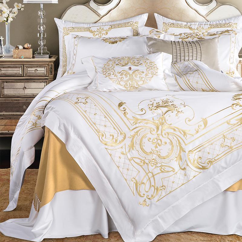 Set biancheria da letto con ricamo in cotone egiziano bianco DeLuxxe