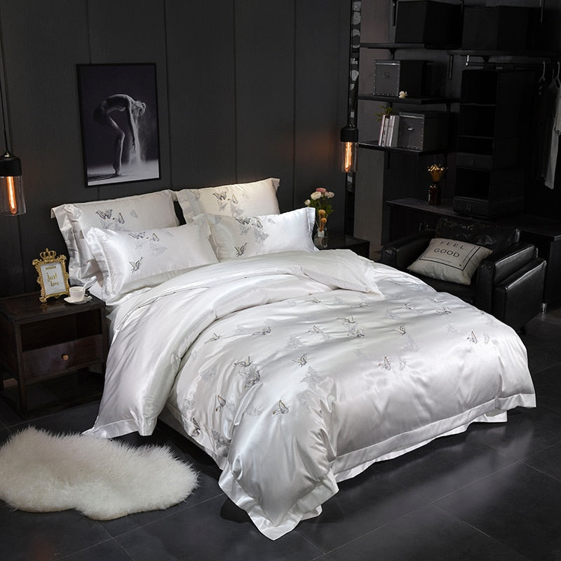 Mazeyna White Silver Silk Cotton Luxury Butterfly Duvet Cover set