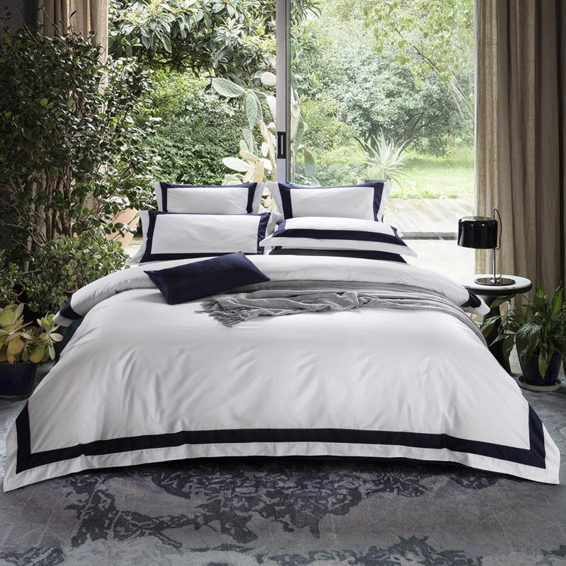 Set di biancheria da letto di lusso bianco in cotone egiziano a righe blu scuro Degella