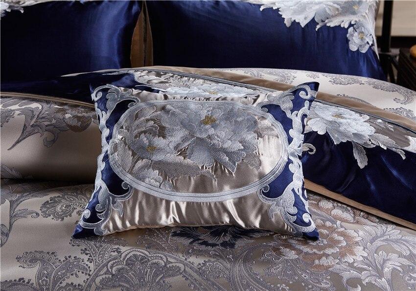 Set biancheria da letto cinese di lusso jacquard di cotone di seta blu argento Impero