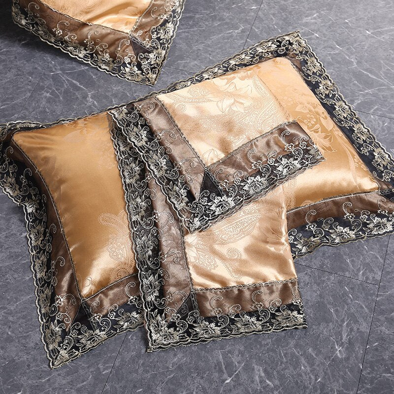 Fateena Silver Brown Luxury Satin Cotton Lace Duvet Cover Set