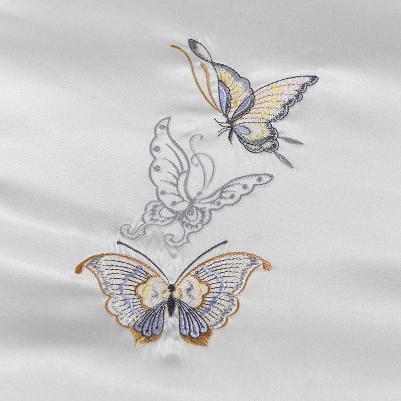 Mazeyna White Silver Silk Cotton Luxury Butterfly Duvet Cover set