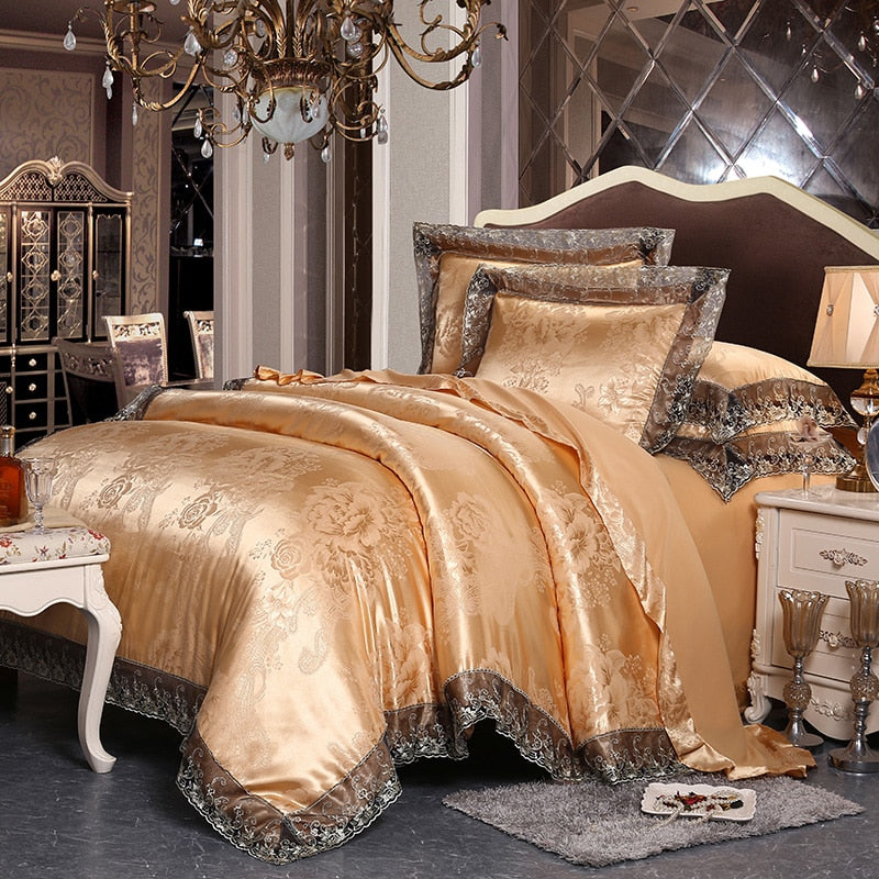 Fateena Silver Brown Luxury Satin Cotton Lace Duvet Cover Set