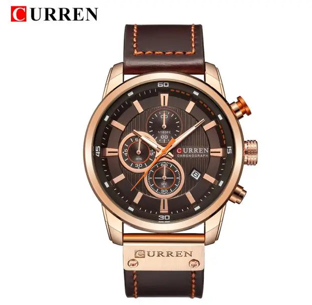 8291 Leren sporthorloge voor heren - Chronograaf quartz polshorloge in militaire stijl